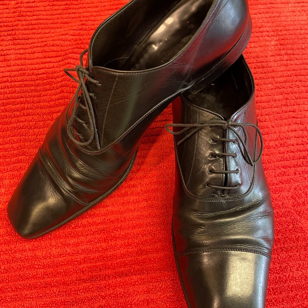 Prada Mens Leather Cap Toe Oxford Upper & Out Soles Lace Up Black Made In Italy